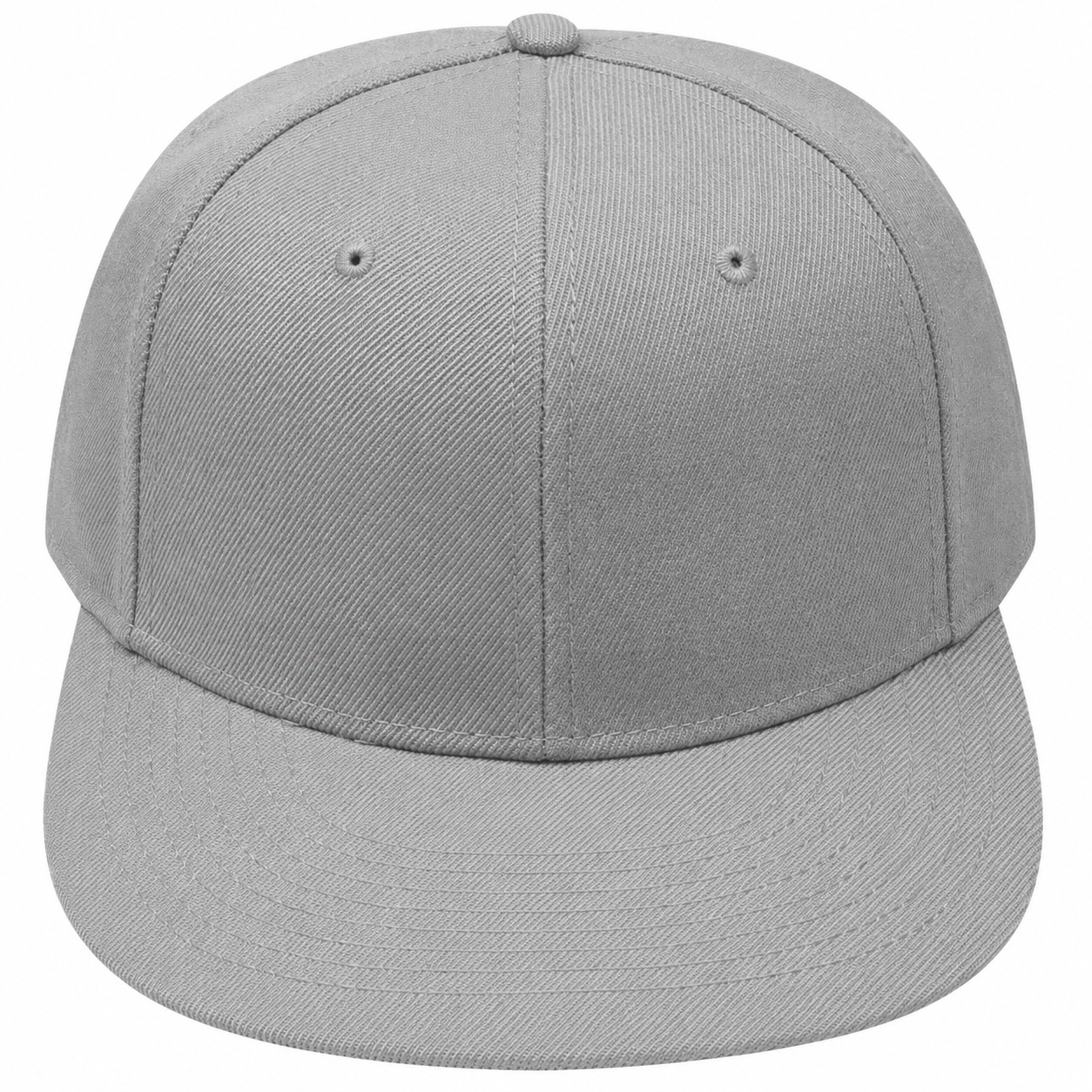 A plain light gray structured baseball cap with a flat visor and a button on top, shown against a solid white background.